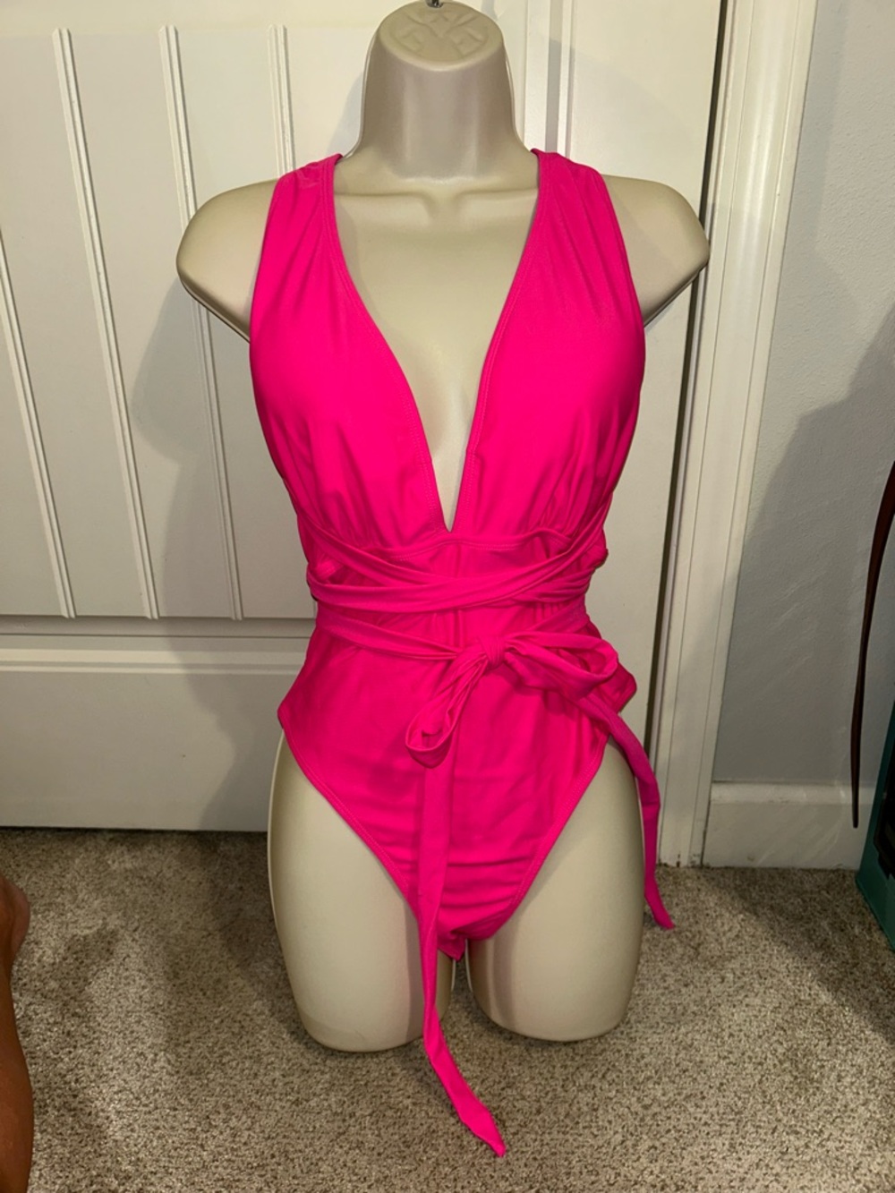 NEW Hot Pink Deep V Wrap One-Piece Swimsuit Sz XL